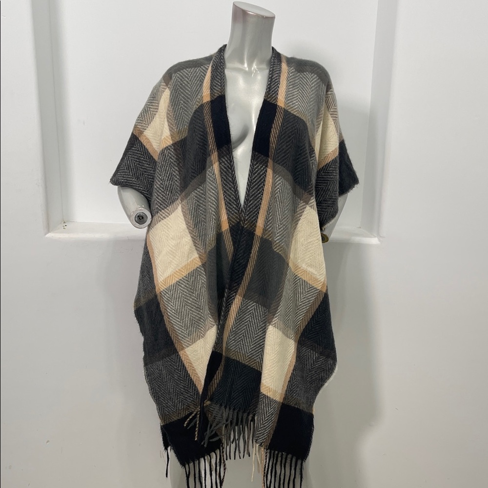 Plaid Fringe Wrap Poncho - Gray, Cream & Tan